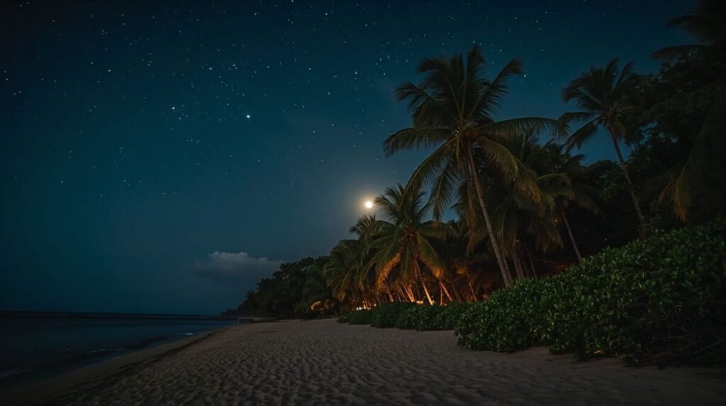 Serene tropical night scene with palm trees and moon