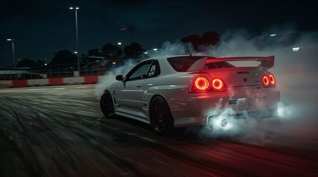 Sleek White JDM Drift Car with Glowing Headlights Wallpaper