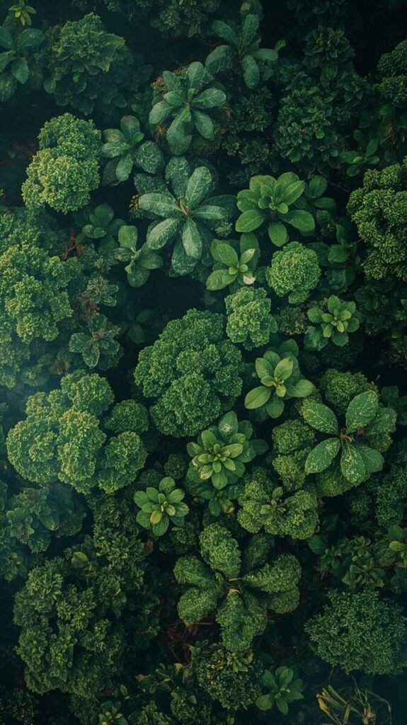 Vertical aerial view of a lush, untouched jungle canopy with rich, deep green colors.