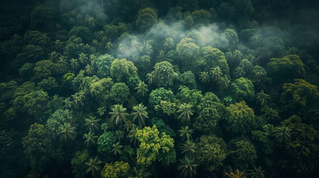 Horizontal aerial wallpaper of an untouched jungle canopy, showing intricate patterns of trees.