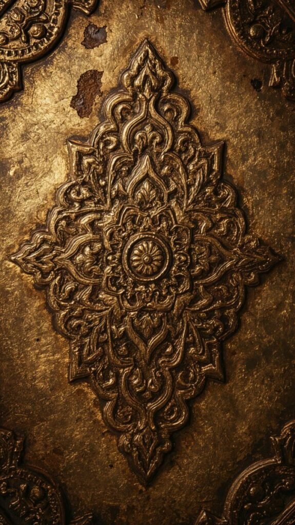 Intricate Vertical Ancient Gold Engraved Wallpaper Design
