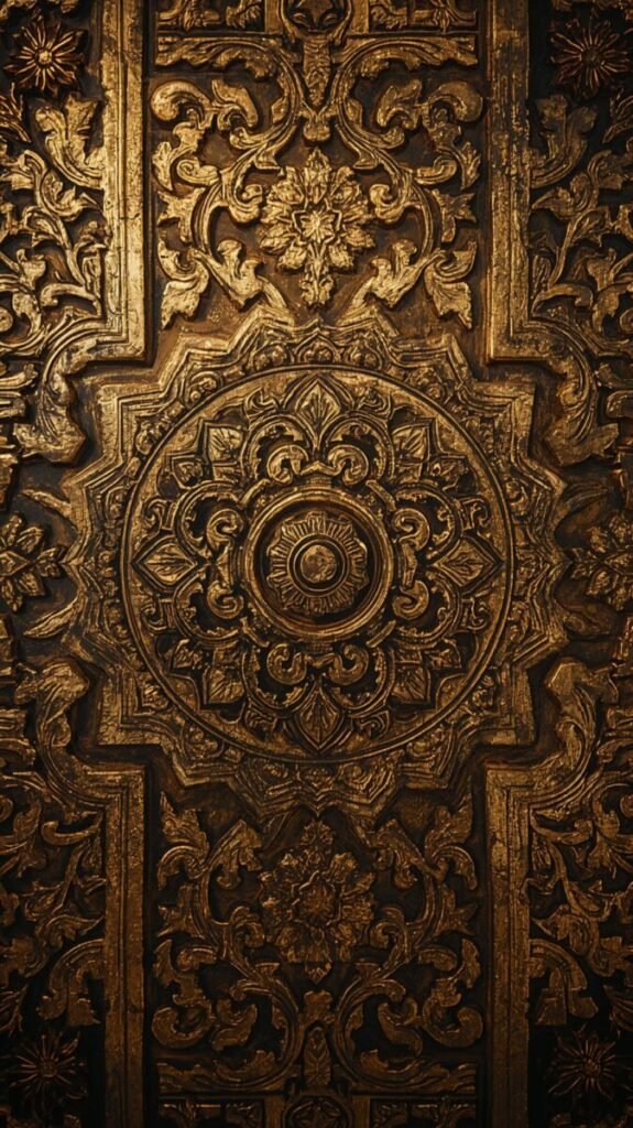 Vertical Ancient Gold Engraved Pattern Wallpaper with Geometric Triangles