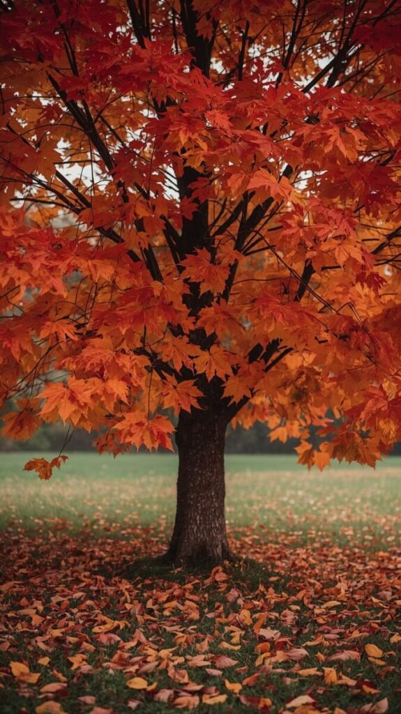Lucid realism autumn maple tree with vibrant bright red and orange foliage, vertical wallpaper