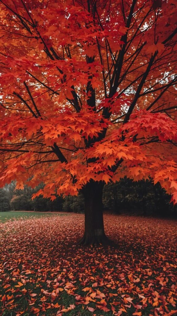 Lucid realism autumn maple tree with vibrant bright red and orange leaves, vertical fall colors