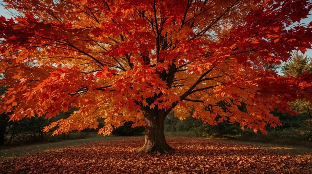 Lucid realism autumn maple tree with vibrant bright red and orange colors, beautiful fall wide shot