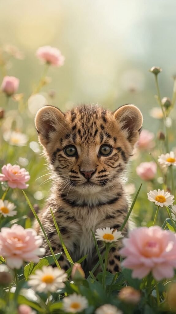 Baby Leopard cub wallpaper with fluffy fur and big green eyes, vertical format