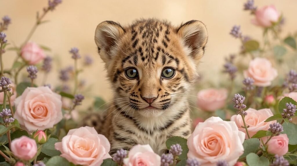Horizontal wallpaper of a Baby Leopard cub with large green eyes