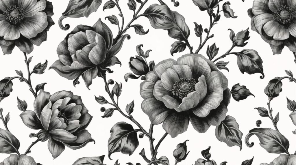 Vintage baroque floral wallpaper black and white