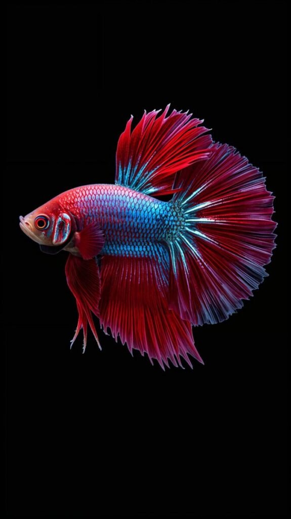 Realistic Betta fish with intricately flowing, vibrant red and blue fins