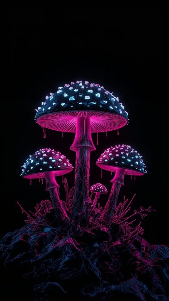Dark aesthetic mobile wallpaper with glowing mushrooms