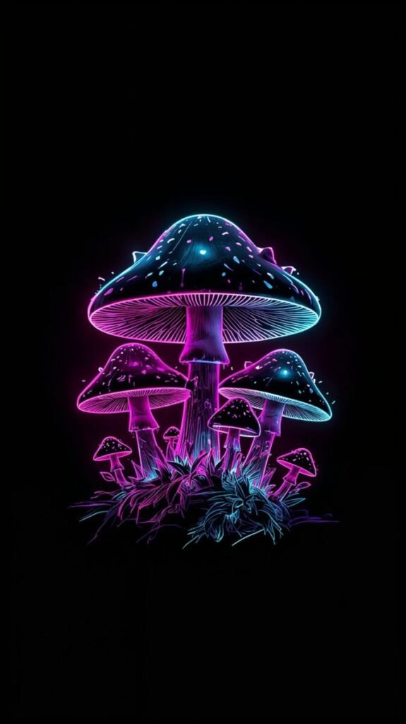 Vibrant neon mushroom background for smartphone