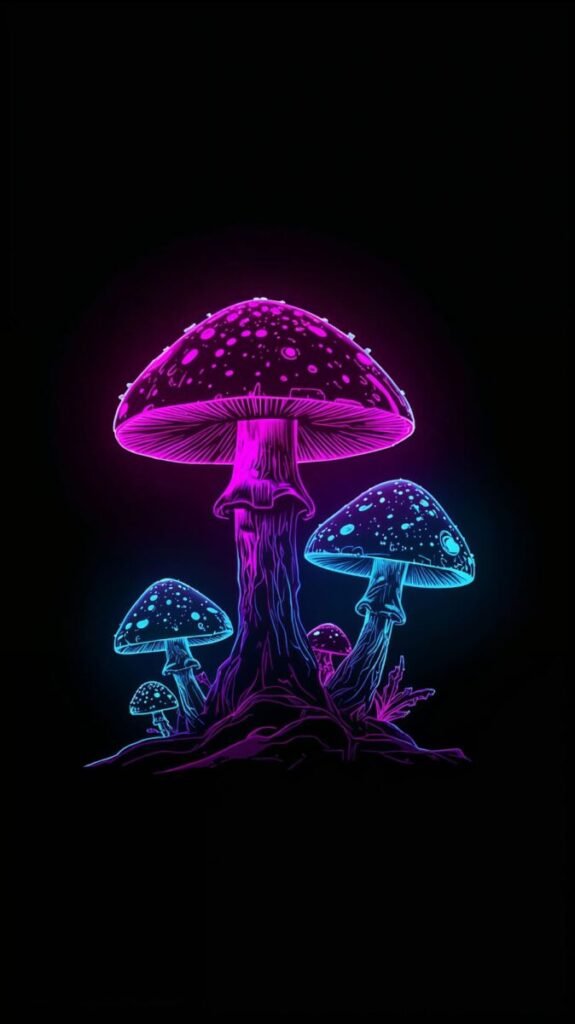 Deep black aesthetic neon mushroom wallpaper