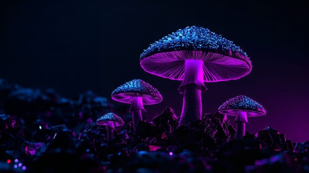 Vibrant dark background with glowing mushrooms