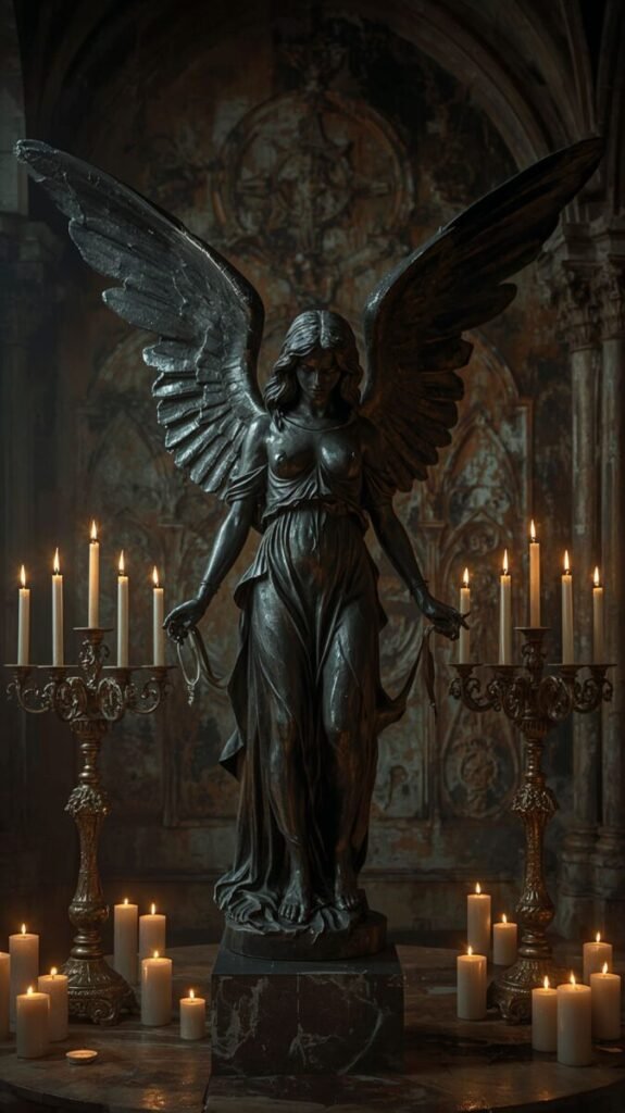 Black Angel Statue with Cracked and Worn Stone Walls Wallpaper