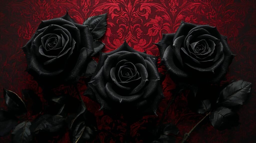 Black Gothic Roses with Delicate Petals and Silver Thorns Wallpaper