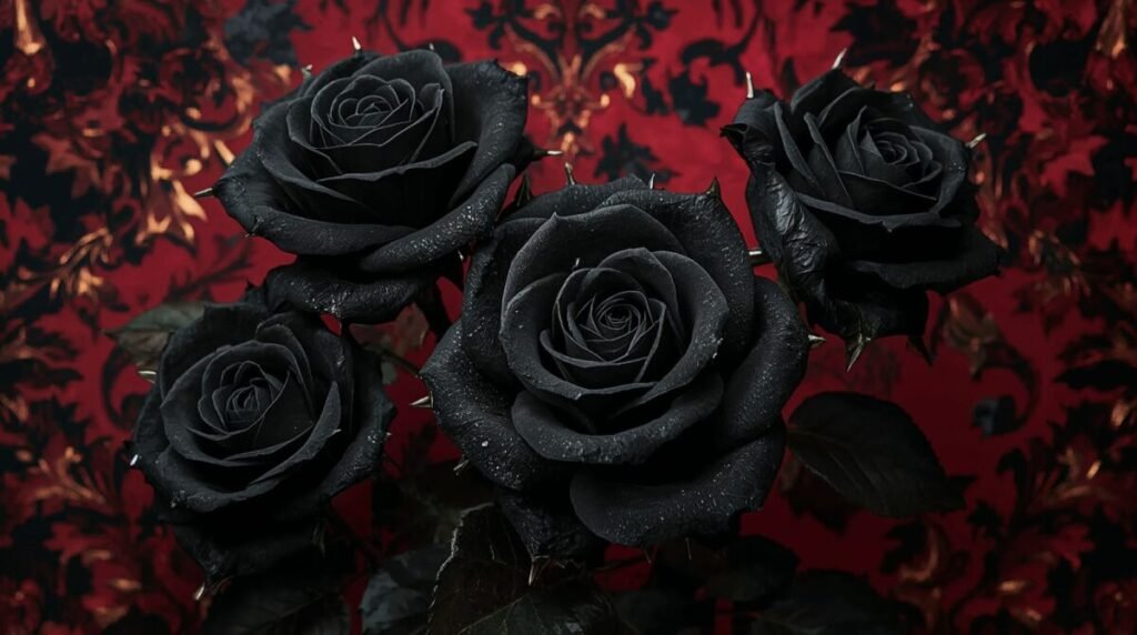 Black Gothic Roses with Delicate Petals and Silver Thorns Wallpaper