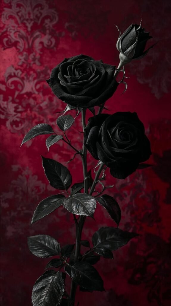 Black Gothic Roses with Delicate Silver Thorns Wallpaper