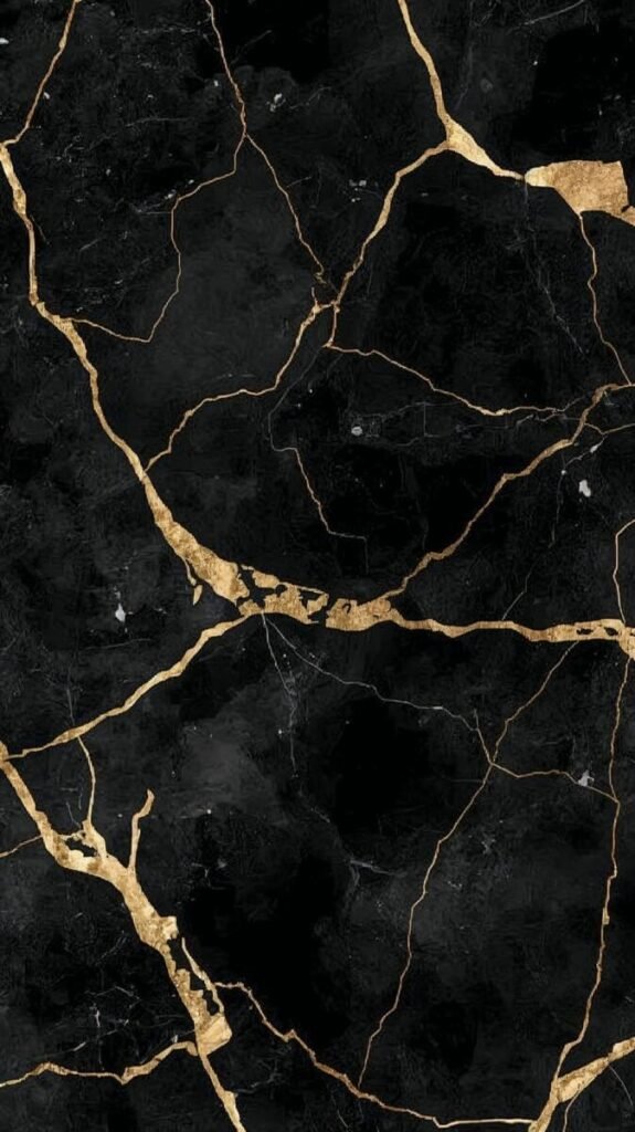 Vertical Black Marble Wallpaper with Strong Gold Veins