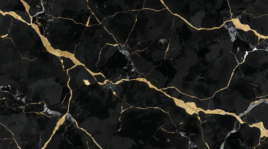 Wide Black Marble Wallpaper with Bold Gold Accent