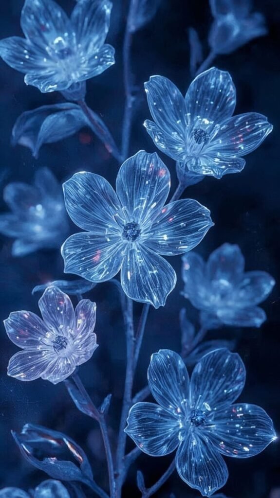 Vertical Blue Floral Wallpaper with Glowing Cobalt Accents, Pattern 3