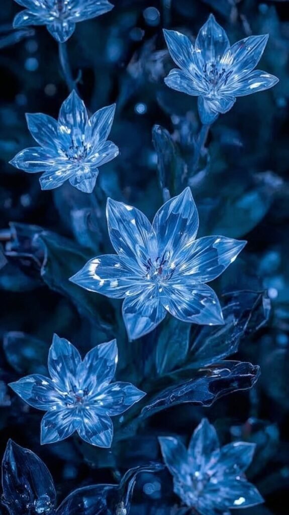 Vertical Blue Floral Wallpaper with Glowing Cobalt Accents, Pattern 1