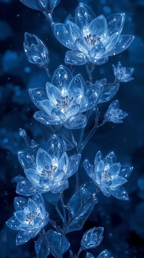 Vertical Blue Floral Wallpaper with Glowing Cobalt Accents, Pattern 2