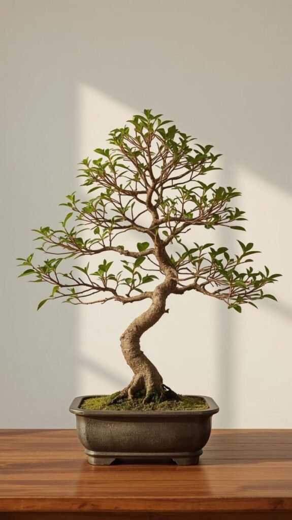 Lucid realism Bonsai tree with delicate green leaves and twisted trunk, vertical wallpaper
