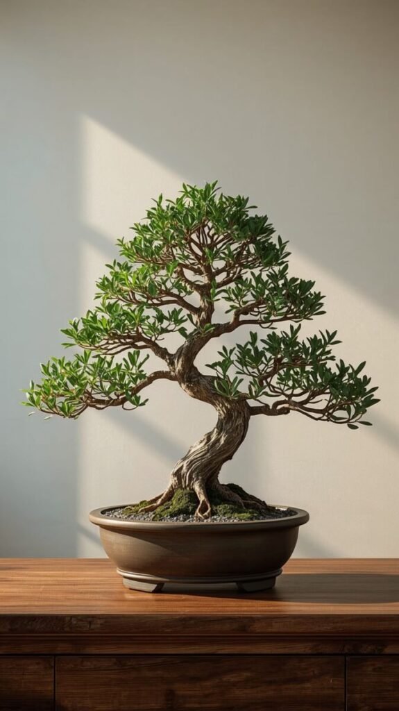 Lucid realism Bonsai tree with delicate green leaves and twisted trunk, detailed vertical shot