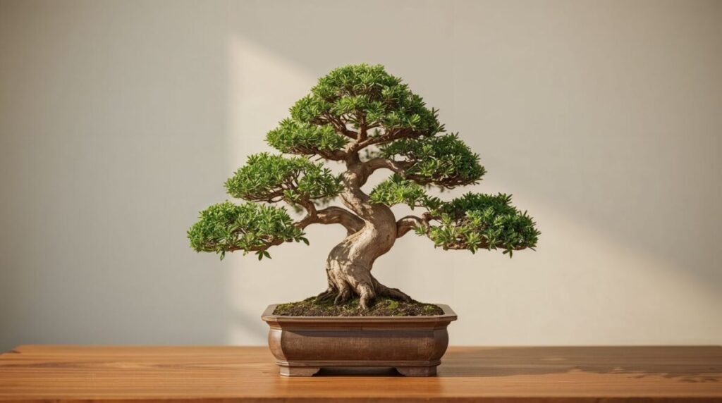 Lucid realism Bonsai tree with intricate branching and lush green leaves, high-detail wallpaper
