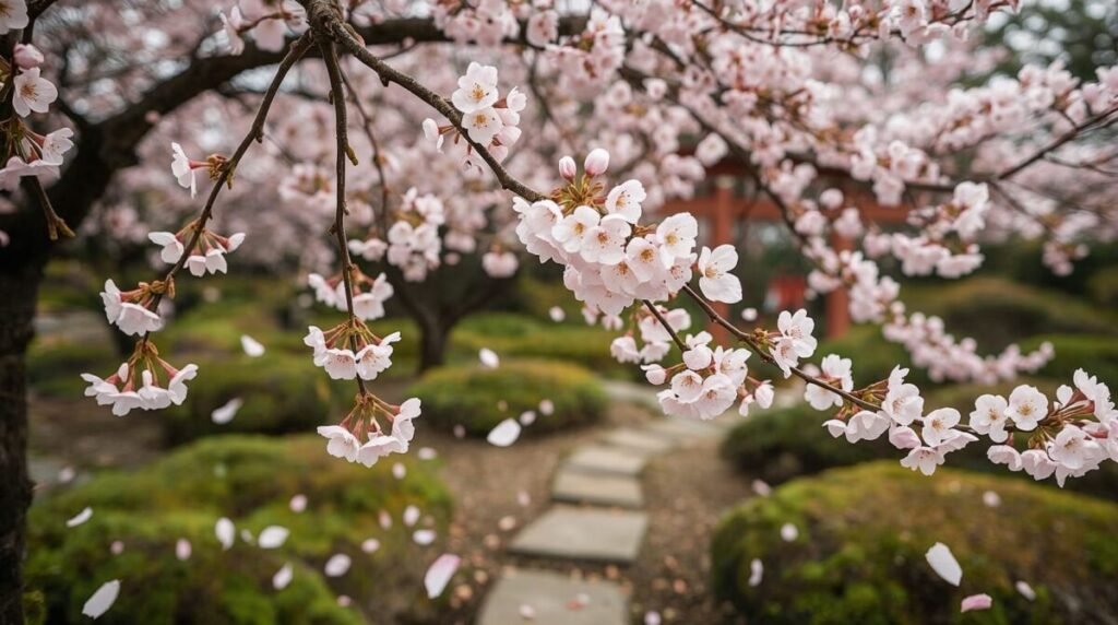 Lucid realism cherry blossom tree in full bloom with delicate pink flowers, spring wide shot