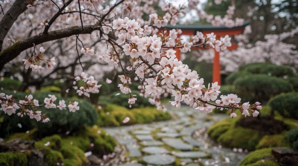 Lucid realism cherry blossom tree in full bloom with delicate pink petals, wide spring scene