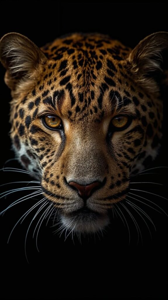 Vertical close-up Leopard face with piercing amber eyes, mobile friendly