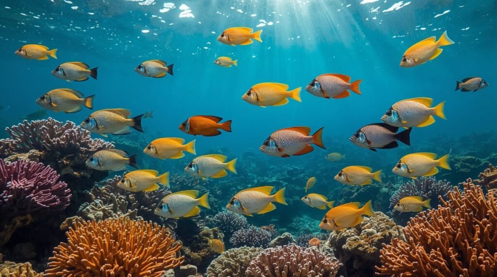 Detailed image of a colorful tropical fish with iridescent scales and patterned skin