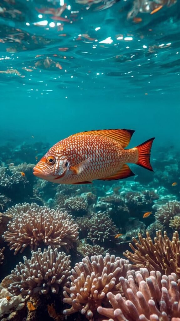 Colorful tropical fish with iridescent blue and yellow scales near coral