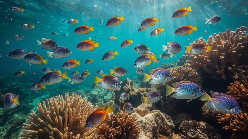 Tropical fish with rainbow-colored iridescent scales and intricate fins
