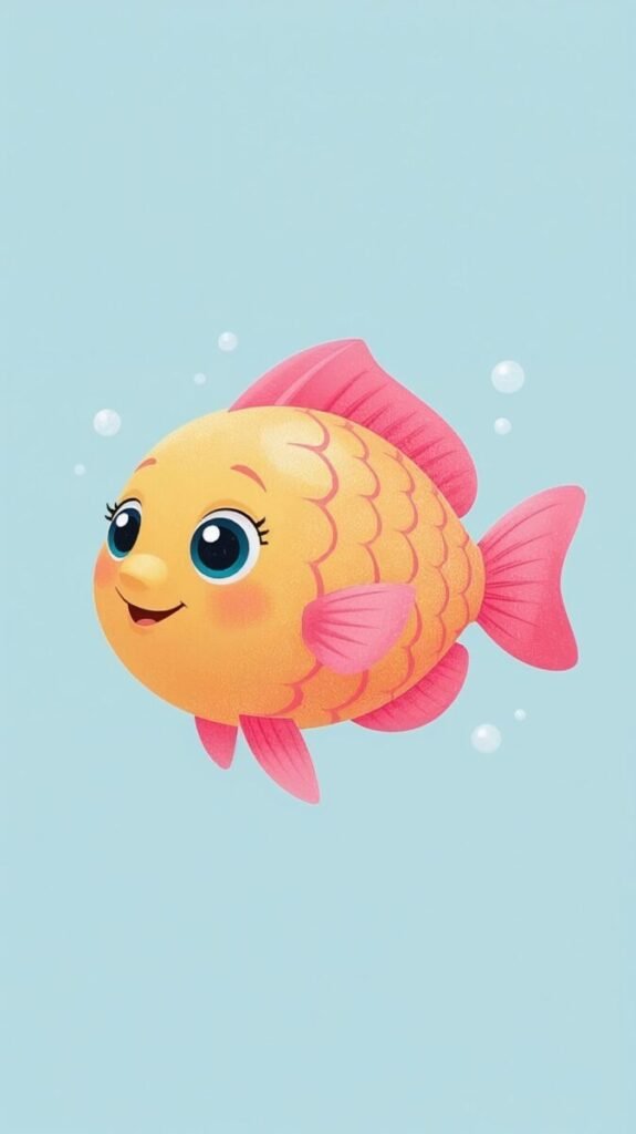 Cute, colorful cartoon fish illustration with vibrant bright colors, vertical