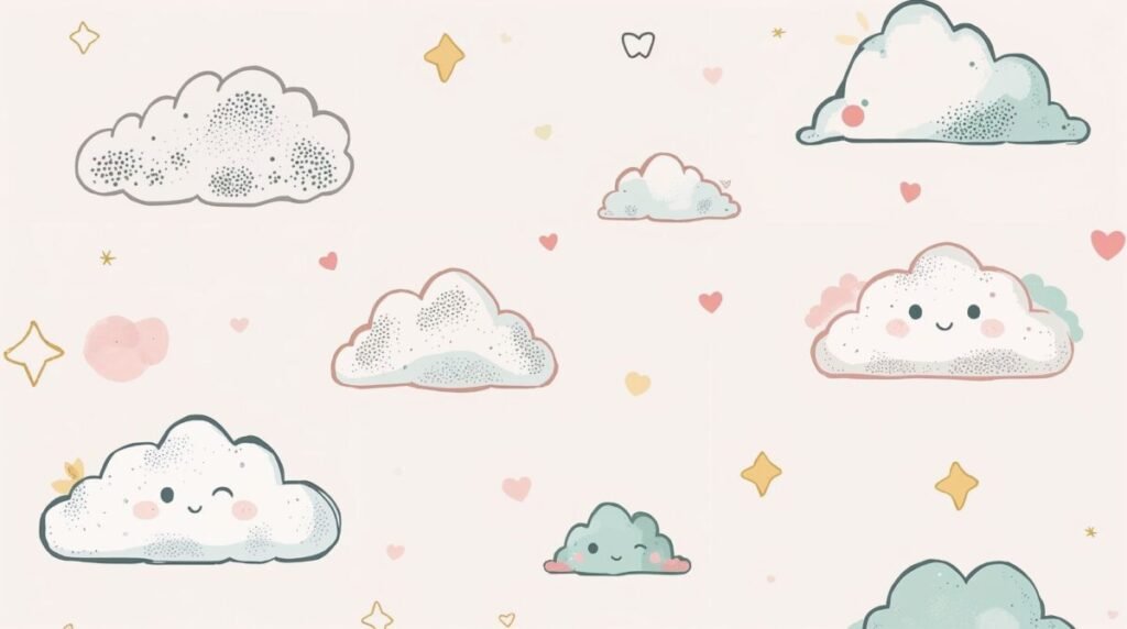 Cute pastel illustration fluffy white clouds