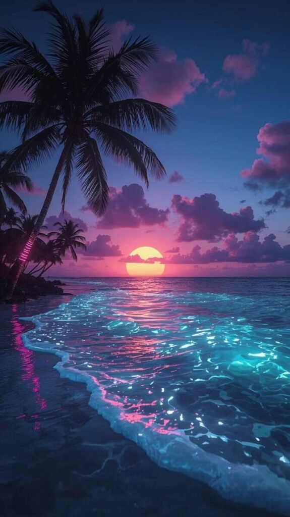 Cyberpunk neon tropical beach mobile wallpaper