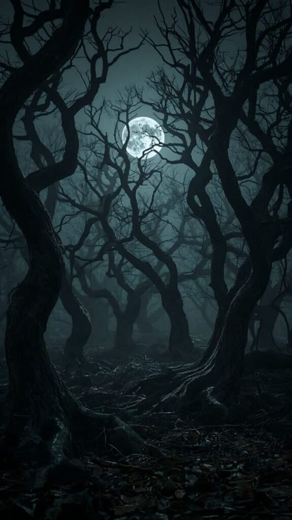 Dark Gothic Forest with Ancient Twisted Trees Wallpaper