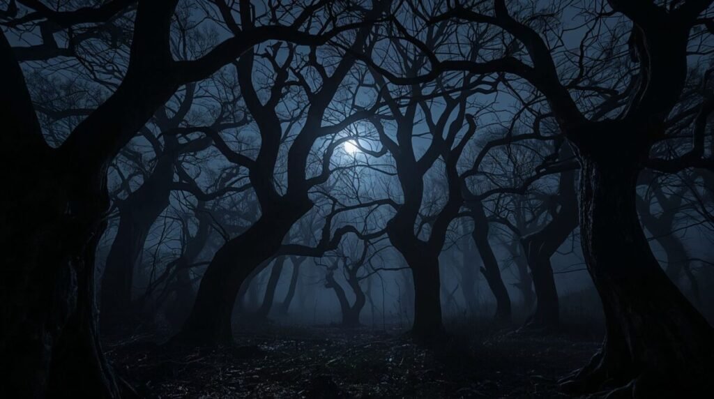 Dark Gothic Forest with Twisted and Gnarled Trees Wallpaper