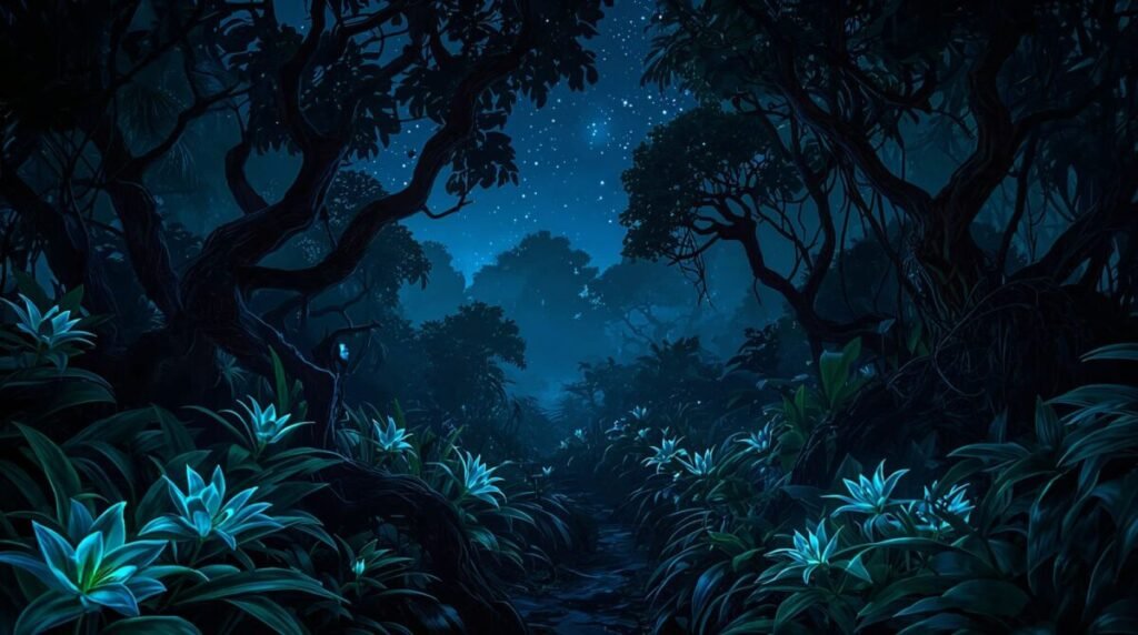 Horizontal night jungle scene, focusing on the texture of the dark, thick foliage.
