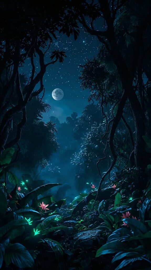 Vertical dark night scene in the jungle, showing thick foliage and minimal moonlight.