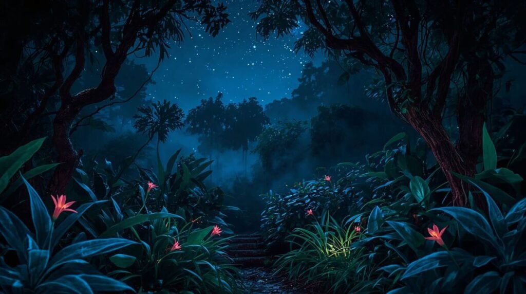 Dark jungle night scene with dense foliage and tall, towering trees, horizontal view.