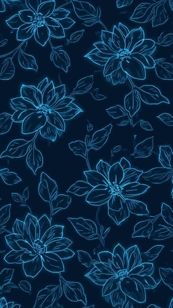 Vertical Dark Navy Blue Wallpaper with Glowing Intricate Flowers
