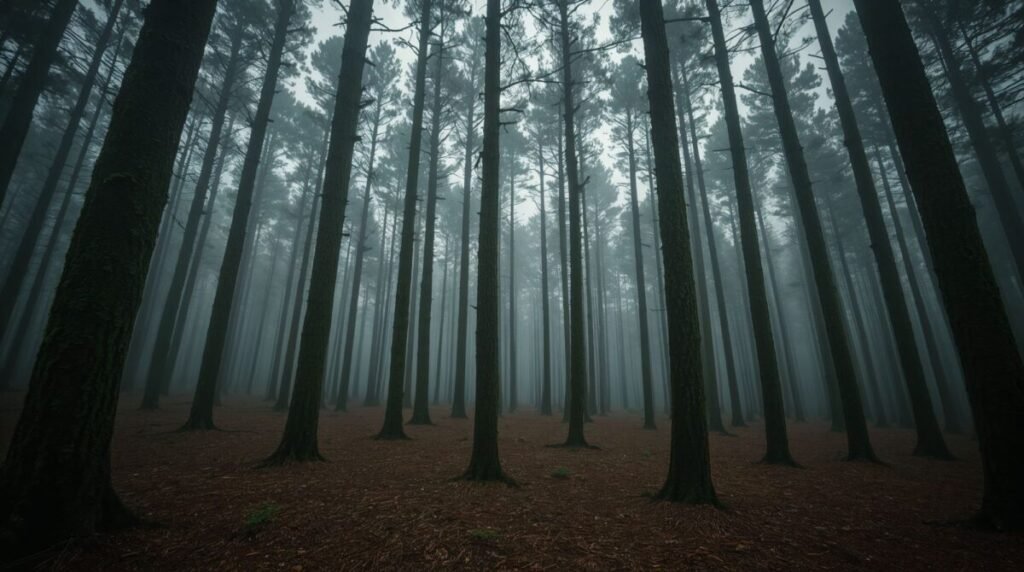 Lucid realism dark pine forest with misty morning fog, moody atmosphere wide