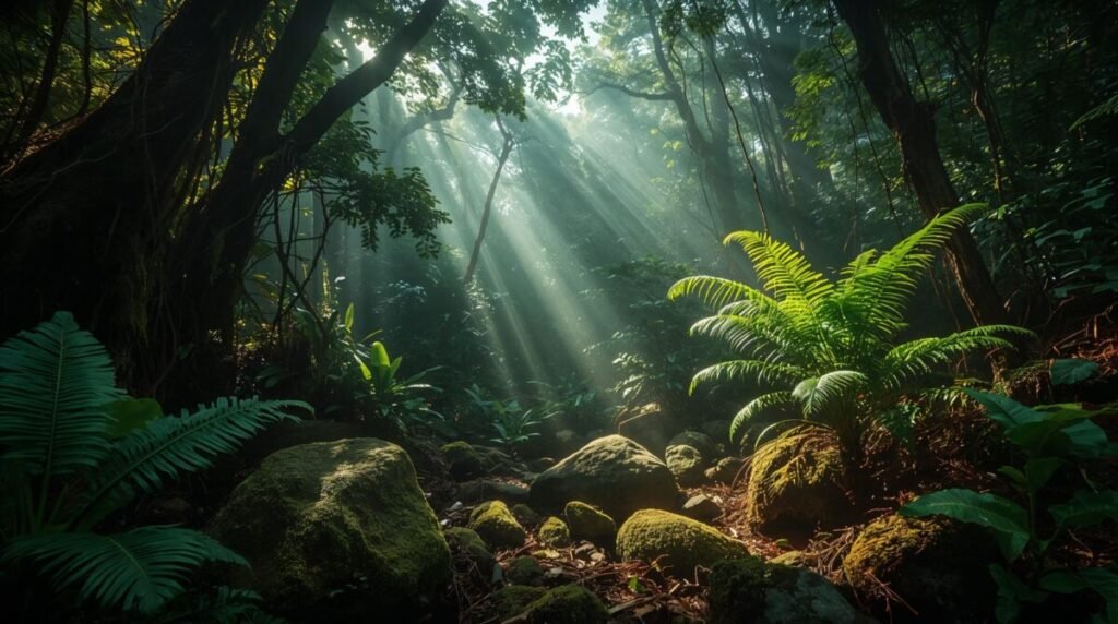 Horizontal panoramic view of a deep rainforest, highlighting vibrant green foliage textures.