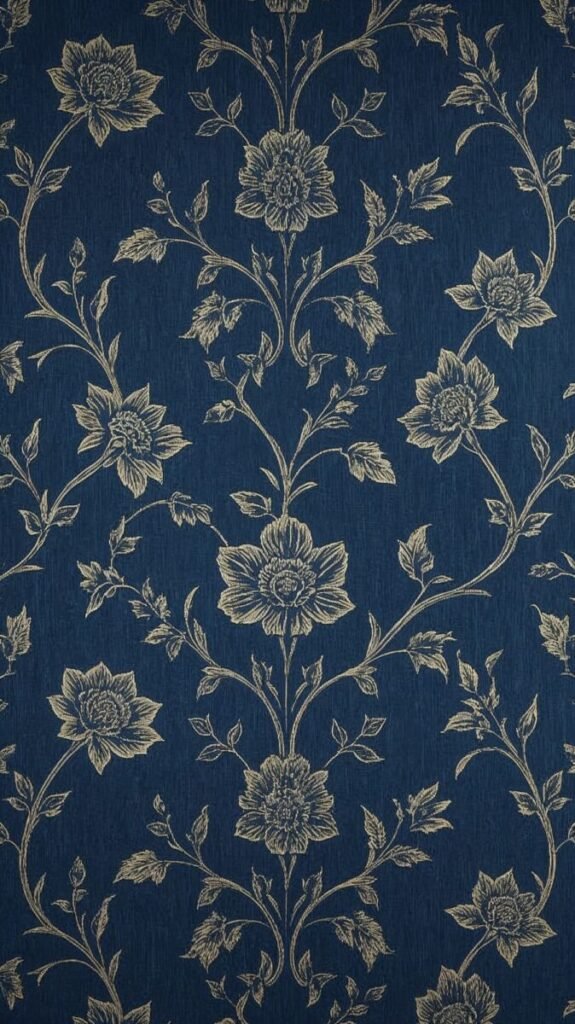 Vertical Deep Sapphire Blue Wallpaper with Intricate Gold Accents