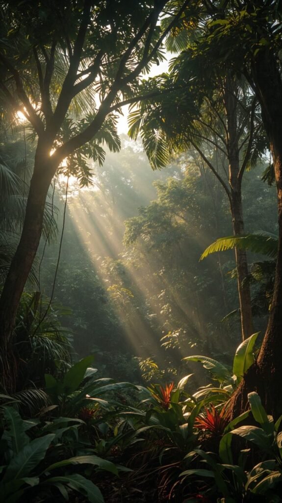Vertical shot of a dense tropical jungle with towering trees and deep shadows.