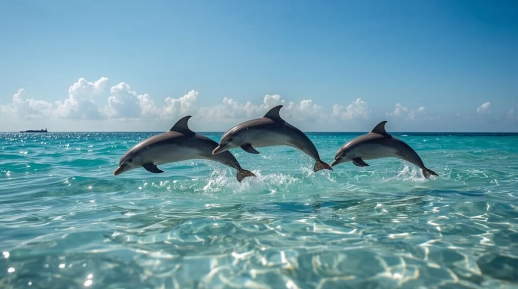 Realistic dolphins with dorsal fins in the ocean