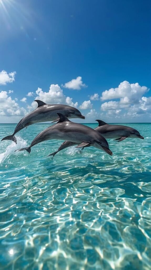 Sleek gray dolphins swimming realistic wallpaper
